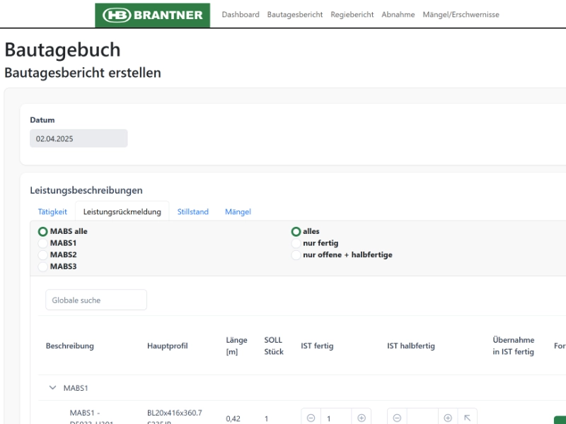 Screenshot des Brantner Hallenbau Bautagebuchs
