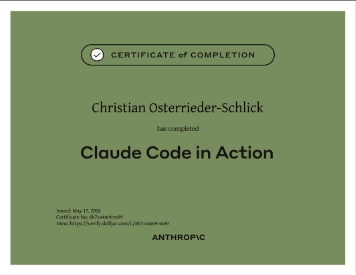 Anthropic Zertifikat „Claude Code in Action“ für DI Christian Osterrieder-Schlick