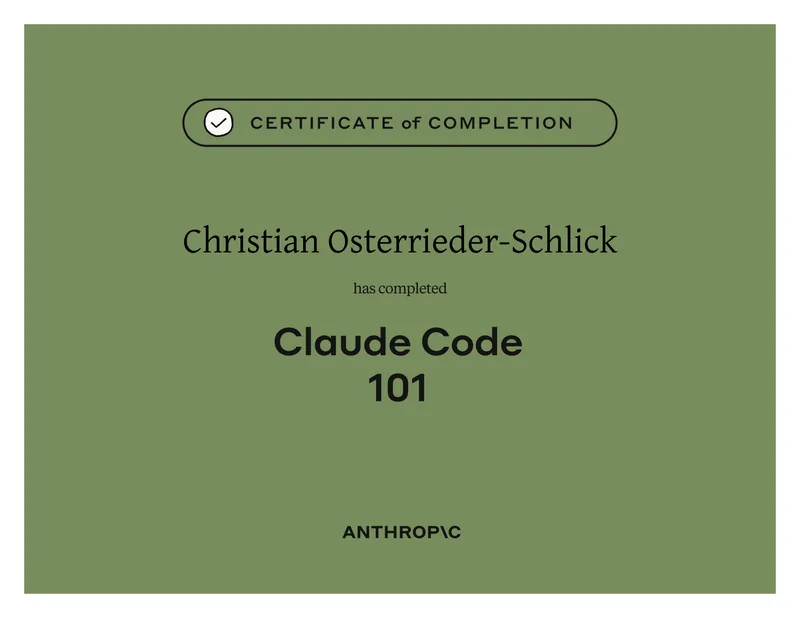 Anthropic Zertifikat „Claude Code 101“ für DI Christian Osterrieder-Schlick