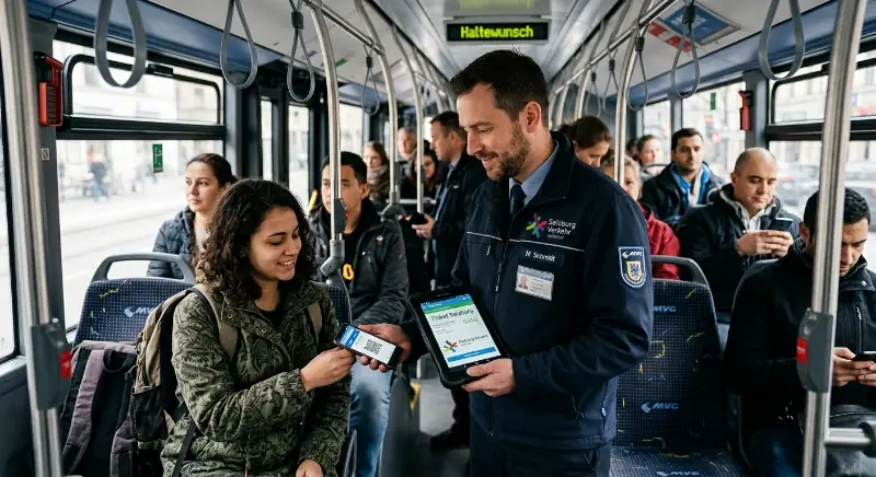 Kontrolleur prüft mit der UTILO Kontrolleure App auf dem Tablet ein Ticket am Smartphone einer Fahrgästin (KI-generiertes Bild)
