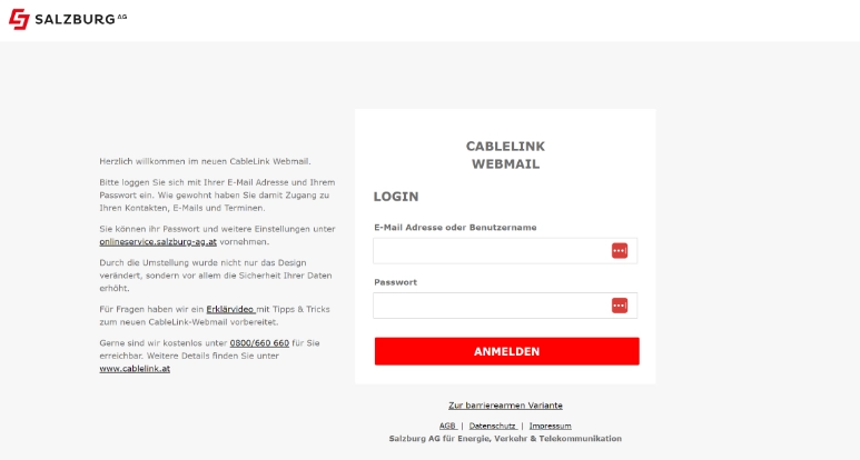 Login Screen von Salzburg AG Webmail