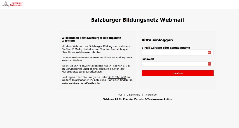 Barrierefreier Login Screen von Salzburg AG Webmail